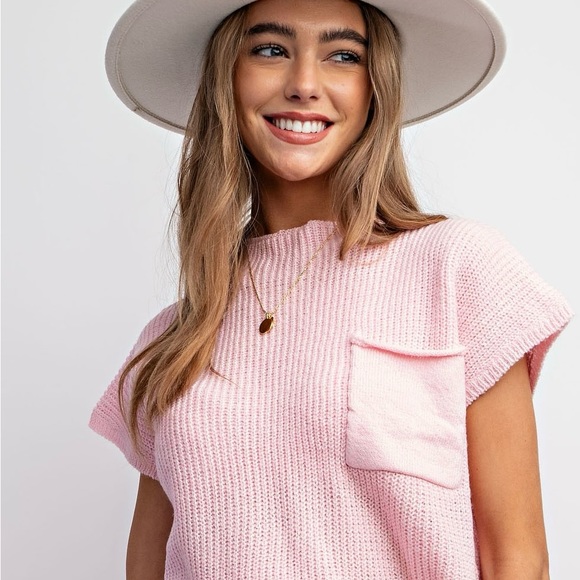 Light Pink Ribbed Short Sleeve Sweater - Picture 2 of 2